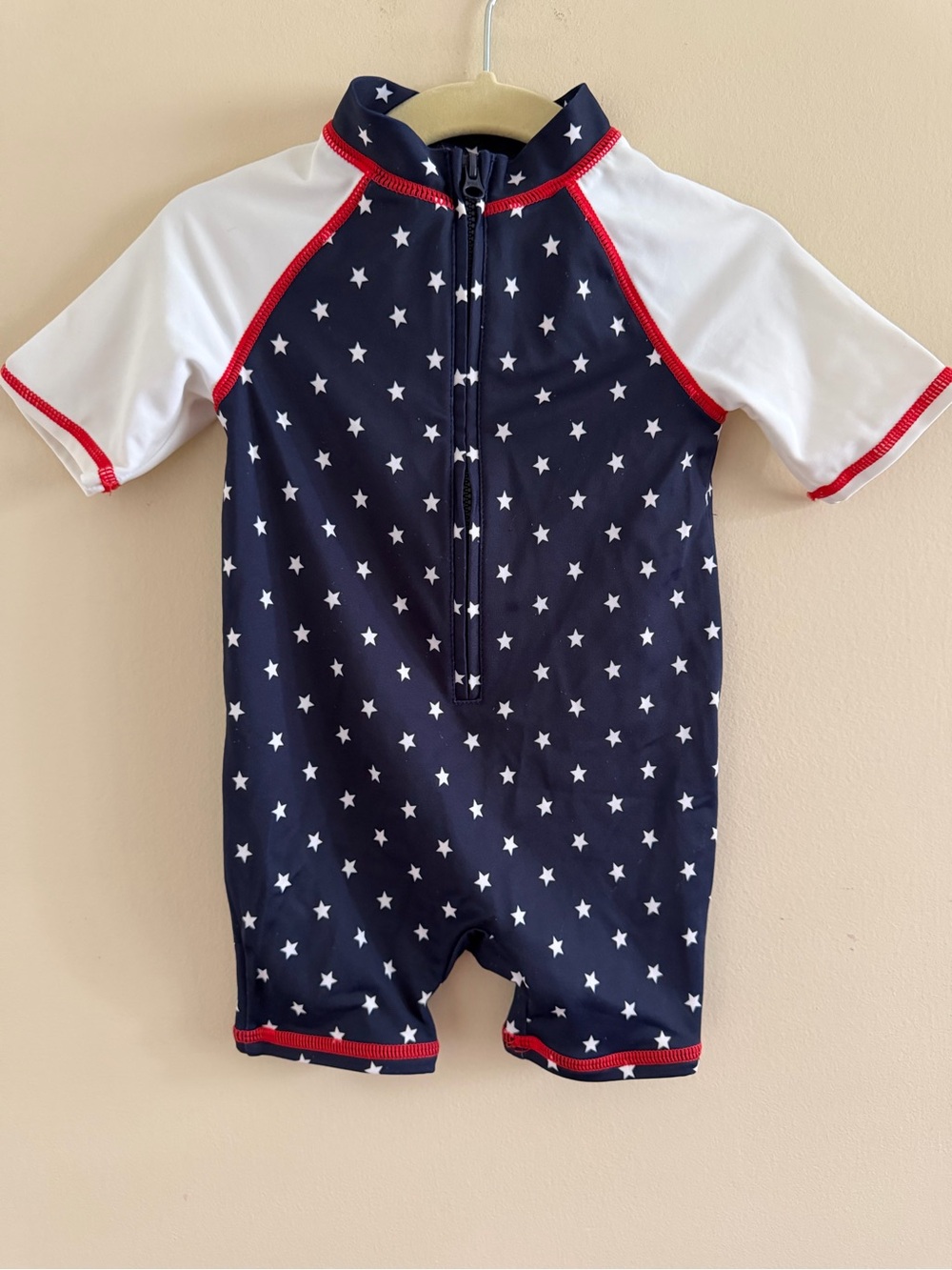 Janie and Jack Navy Star Print Baby Rashguard Romper with White Sleeves